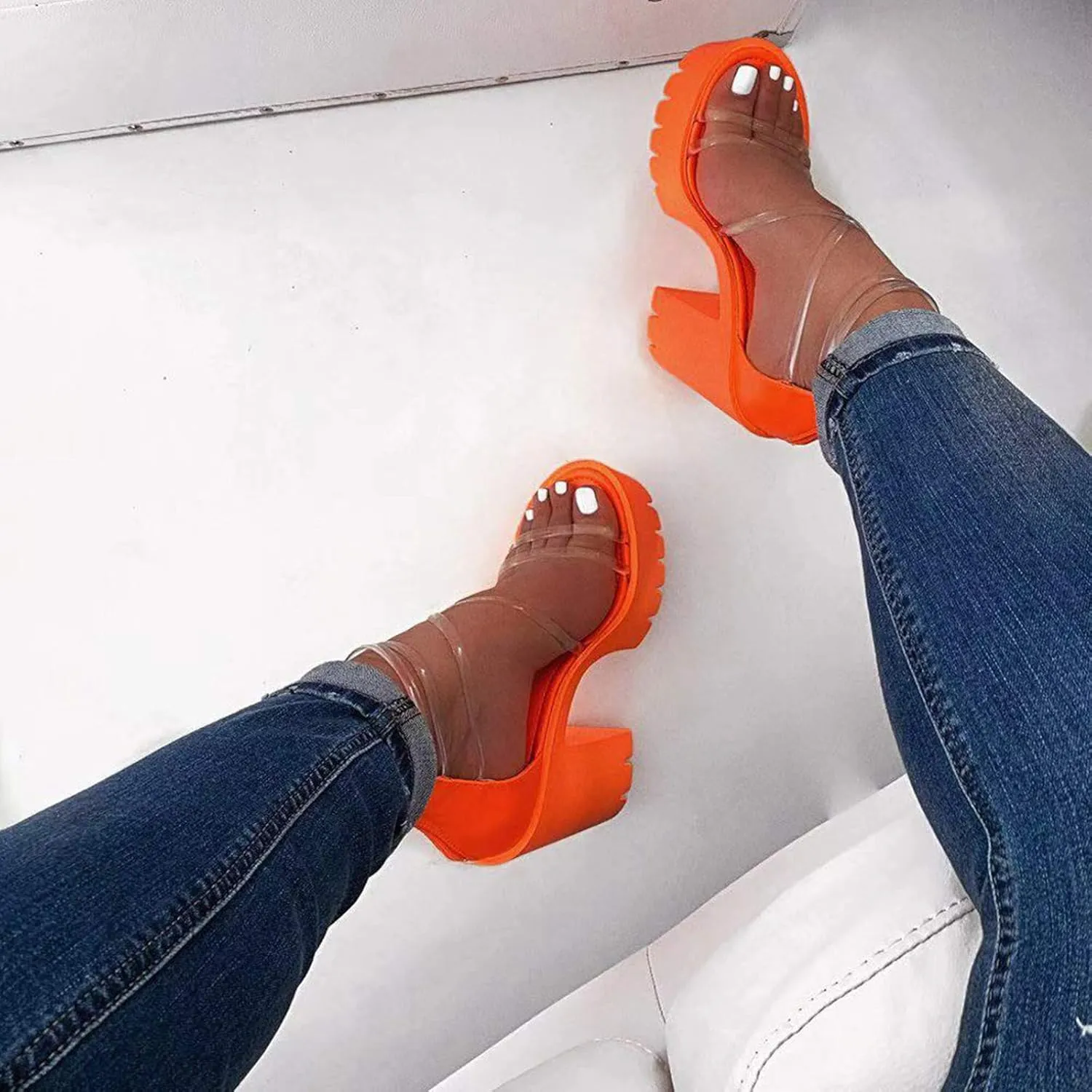 Aniywn Womens Platform Faux Fur Sandals Chunky Heel Open Toe Ankle Strap High Heeled Party Dress Pumps Shoes