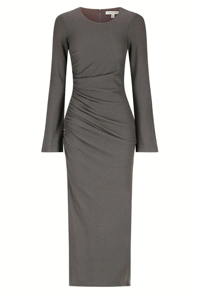 Beau Gathered LS Midi Dress in Dark Ash
