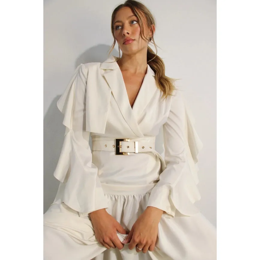 Collared Long Ruffle Sleeve Dress