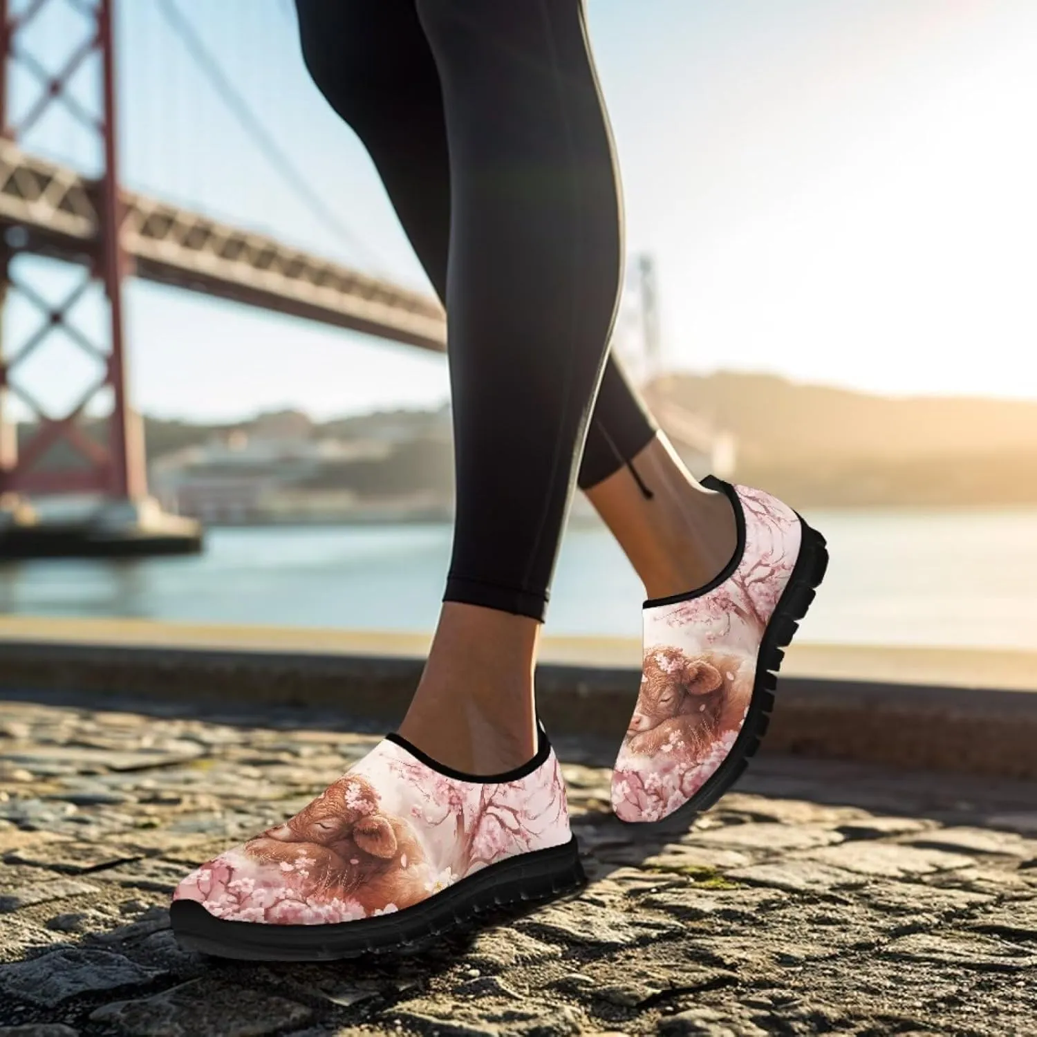 Cow Print Athletic Sneakers Low Cut Work Shoes for Women Casual Flats Heels Loafers Lightweight Tennis Mesh Shoe Loafer