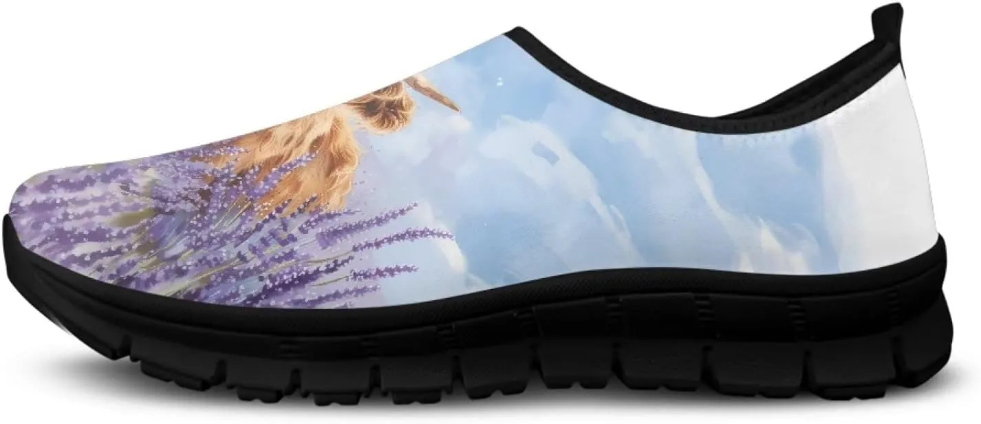 Cow Print Athletic Sneakers Low Cut Work Shoes for Women Casual Flats Heels Loafers Lightweight Tennis Mesh Shoe Loafer