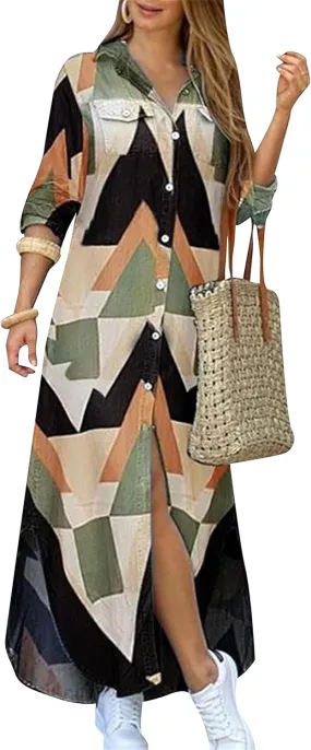 DIACACY W9omen's Casual Lapel Collar Floral Print Maxi Dresses Side Slit Long Sleeves Loose Slim Shirt Dresses