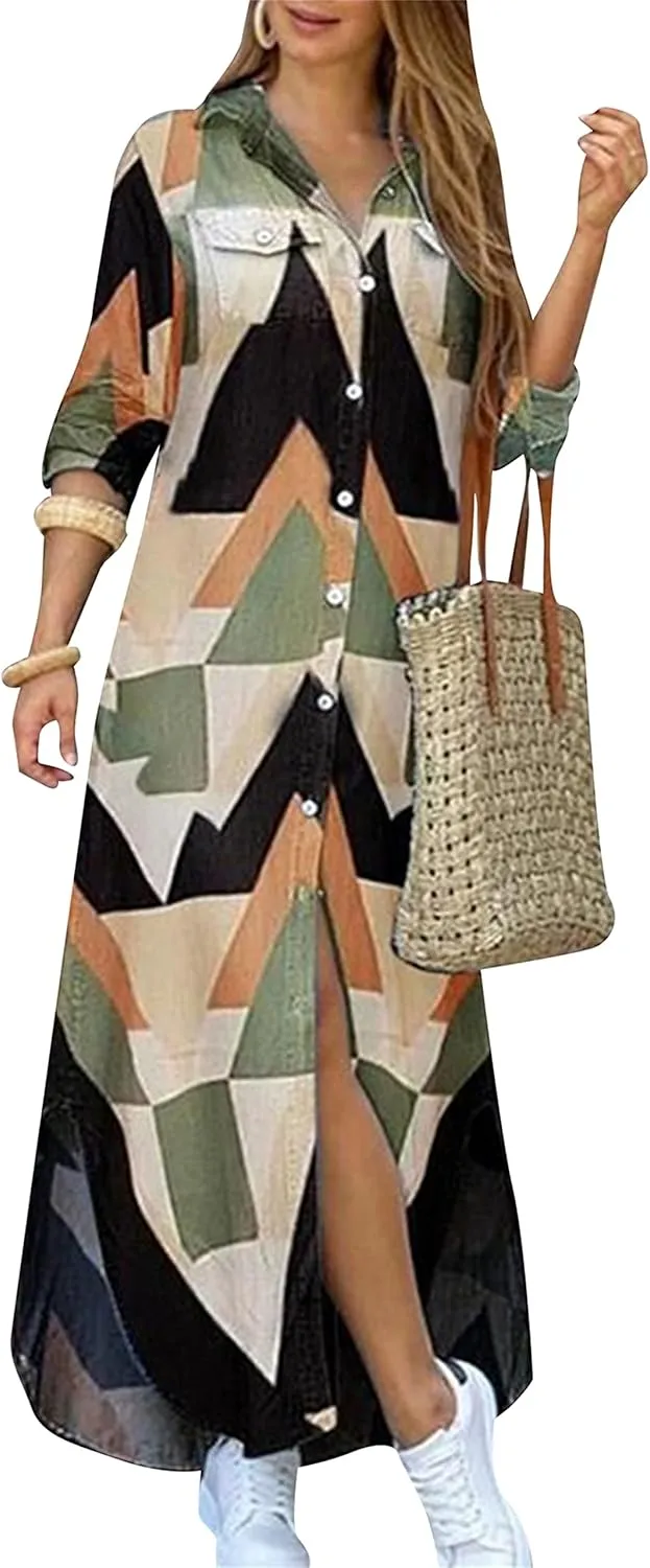 DIACACY W9omen's Casual Lapel Collar Floral Print Maxi Dresses Side Slit Long Sleeves Loose Slim Shirt Dresses