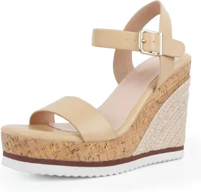 Espadrille Dressy Wedge Sandals, Adjustable Ankle Strap Buckle Women's Platform Sandals Dressy Square Toe, Comfortable High Heel Beach Shoes with Cushioned Footbed for Casual Summer