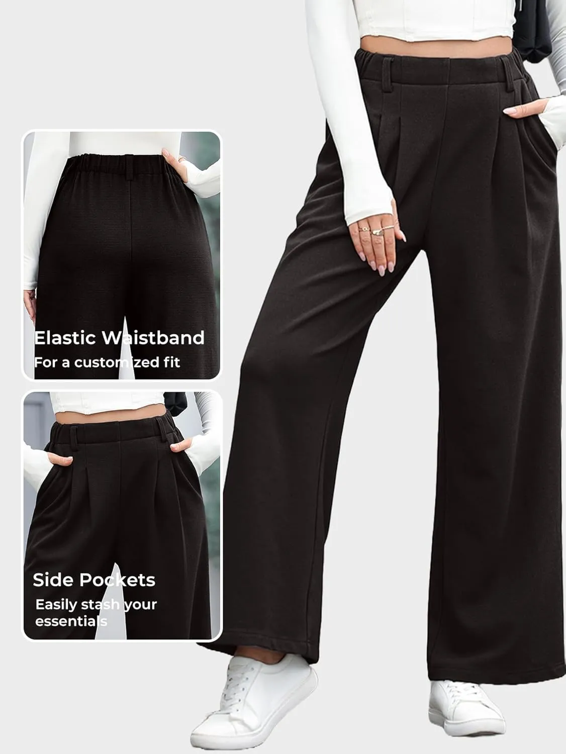 EVALESS Wide Leg Pants for Women Elastic High Waisted Waffle Knit Fleece Palazzo Pants Trousers with Pockets