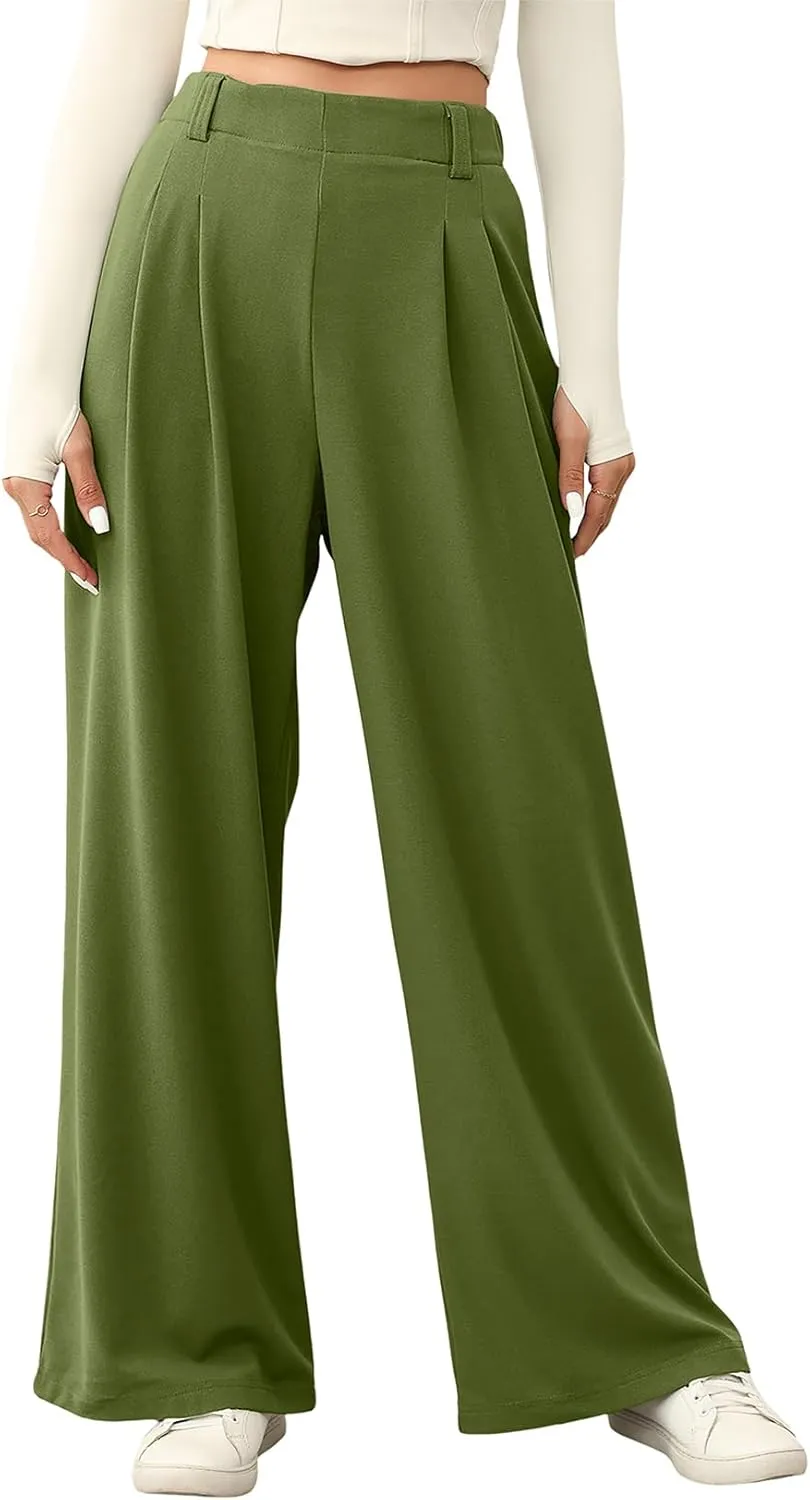 EVALESS Wide Leg Pants for Women Elastic High Waisted Waffle Knit Fleece Palazzo Pants Trousers with Pockets