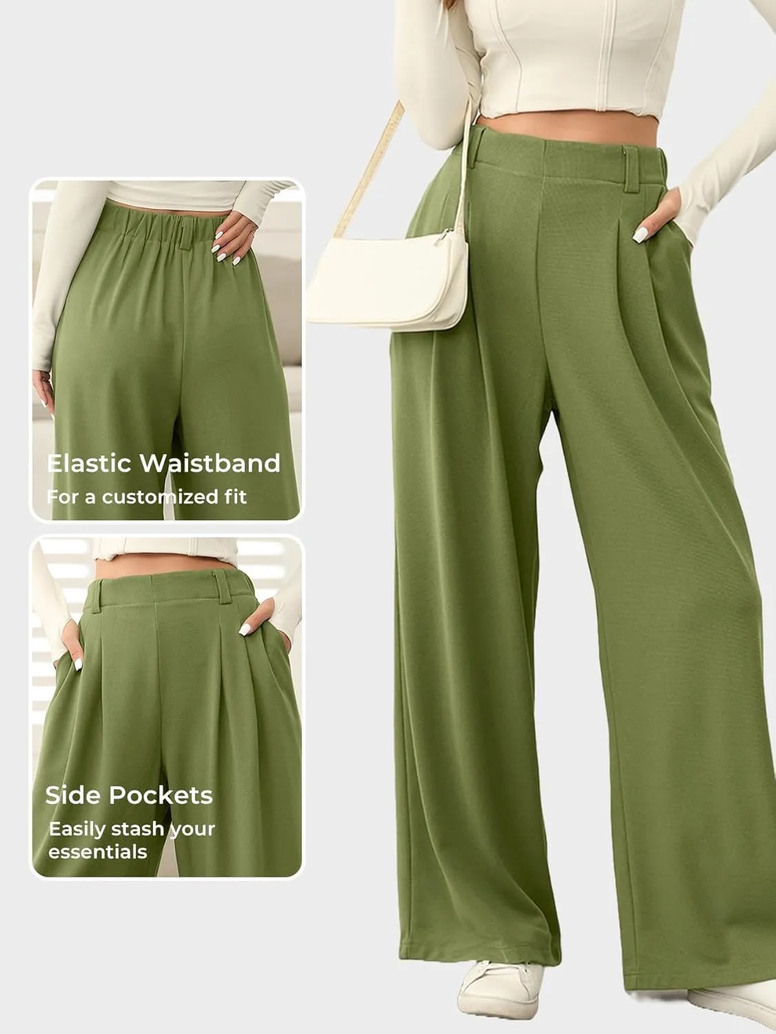 EVALESS Wide Leg Pants for Women Elastic High Waisted Waffle Knit Fleece Palazzo Pants Trousers with Pockets