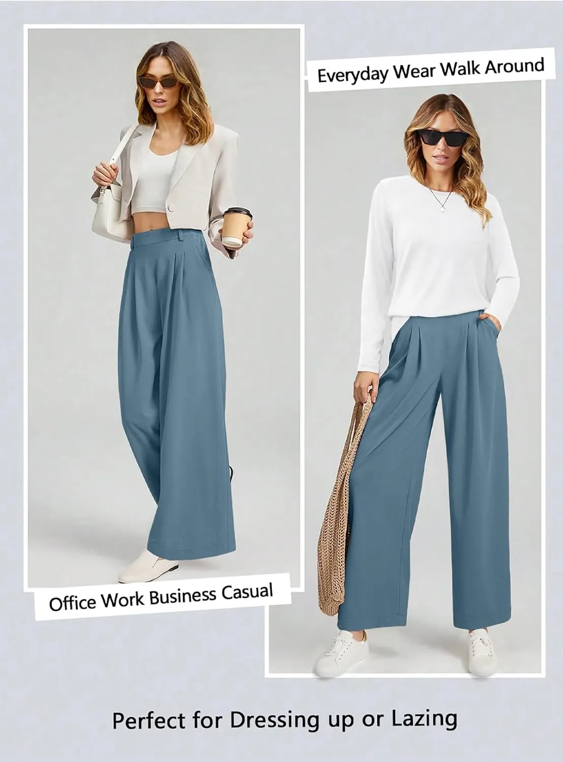 EVALESS Wide Leg Pants for Women Elastic High Waisted Waffle Knit Fleece Palazzo Pants Trousers with Pockets