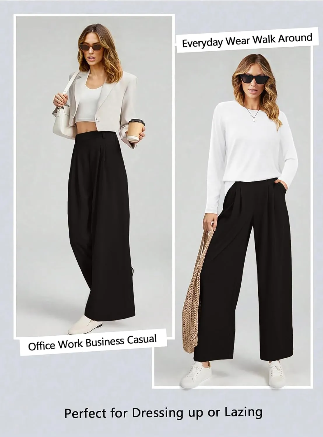 EVALESS Wide Leg Pants for Women Elastic High Waisted Waffle Knit Fleece Palazzo Pants Trousers with Pockets
