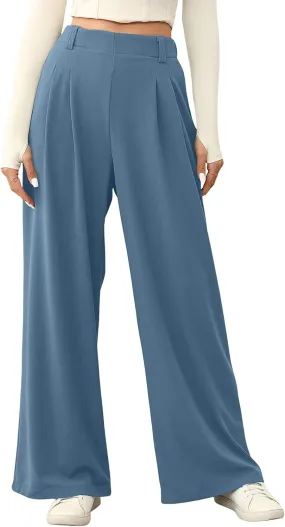 EVALESS Wide Leg Pants for Women Elastic High Waisted Waffle Knit Fleece Palazzo Pants Trousers with Pockets