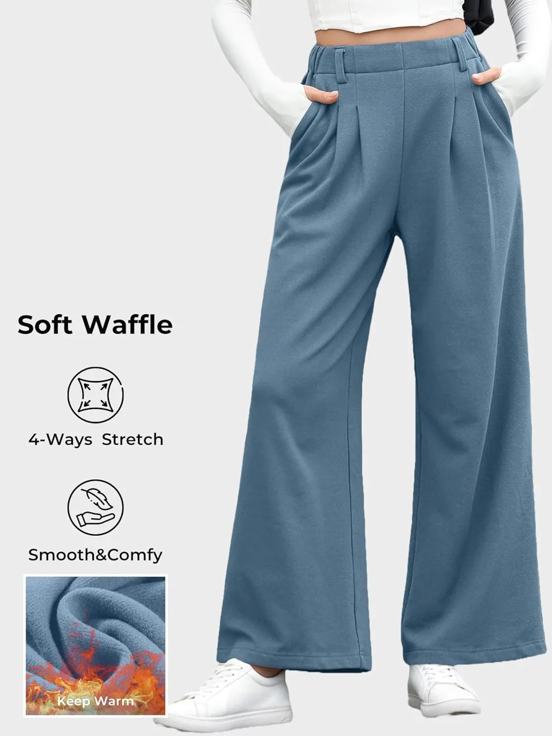 EVALESS Wide Leg Pants for Women Elastic High Waisted Waffle Knit Fleece Palazzo Pants Trousers with Pockets