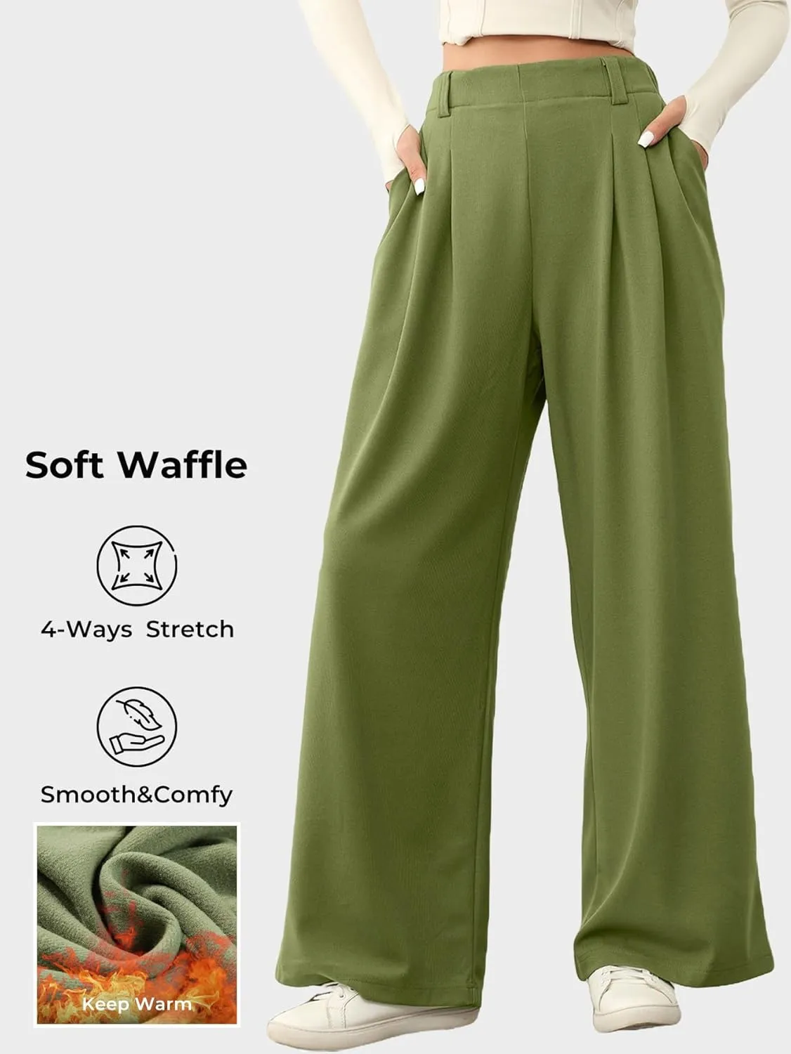 EVALESS Wide Leg Pants for Women Elastic High Waisted Waffle Knit Fleece Palazzo Pants Trousers with Pockets