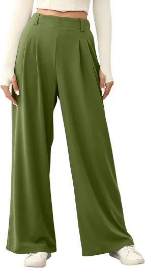 EVALESS Wide Leg Pants for Women Elastic High Waisted Waffle Knit Fleece Palazzo Pants Trousers with Pockets