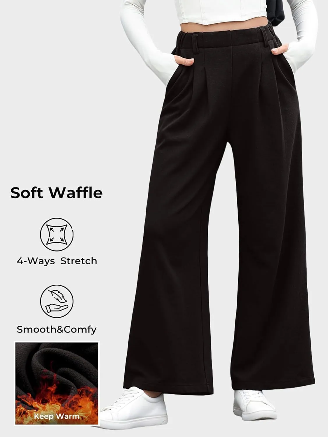 EVALESS Wide Leg Pants for Women Elastic High Waisted Waffle Knit Fleece Palazzo Pants Trousers with Pockets