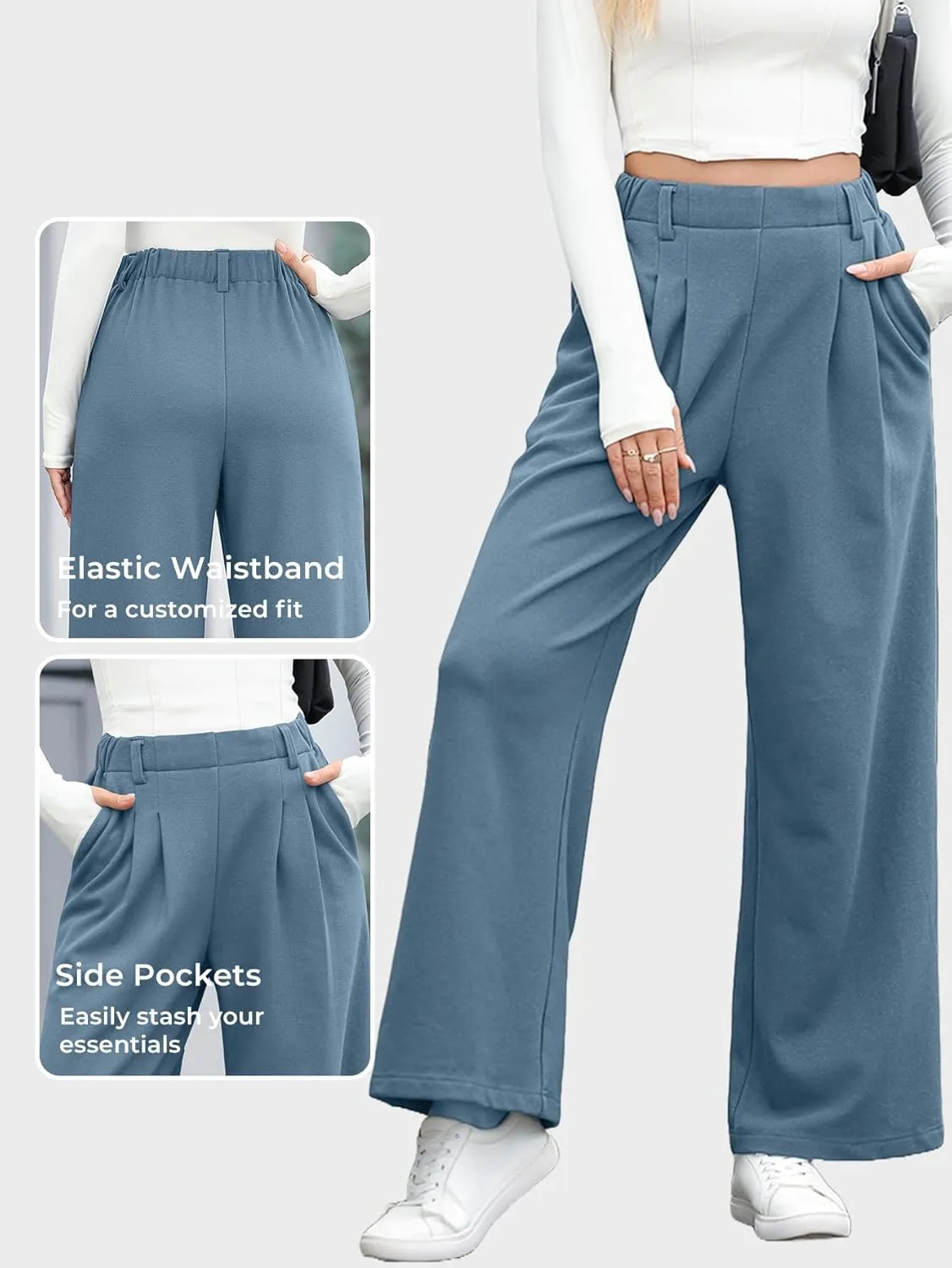 EVALESS Wide Leg Pants for Women Elastic High Waisted Waffle Knit Fleece Palazzo Pants Trousers with Pockets
