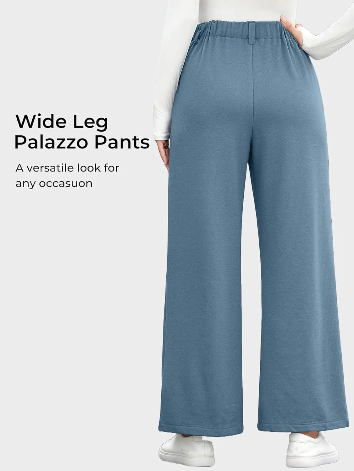 EVALESS Wide Leg Pants for Women Elastic High Waisted Waffle Knit Fleece Palazzo Pants Trousers with Pockets