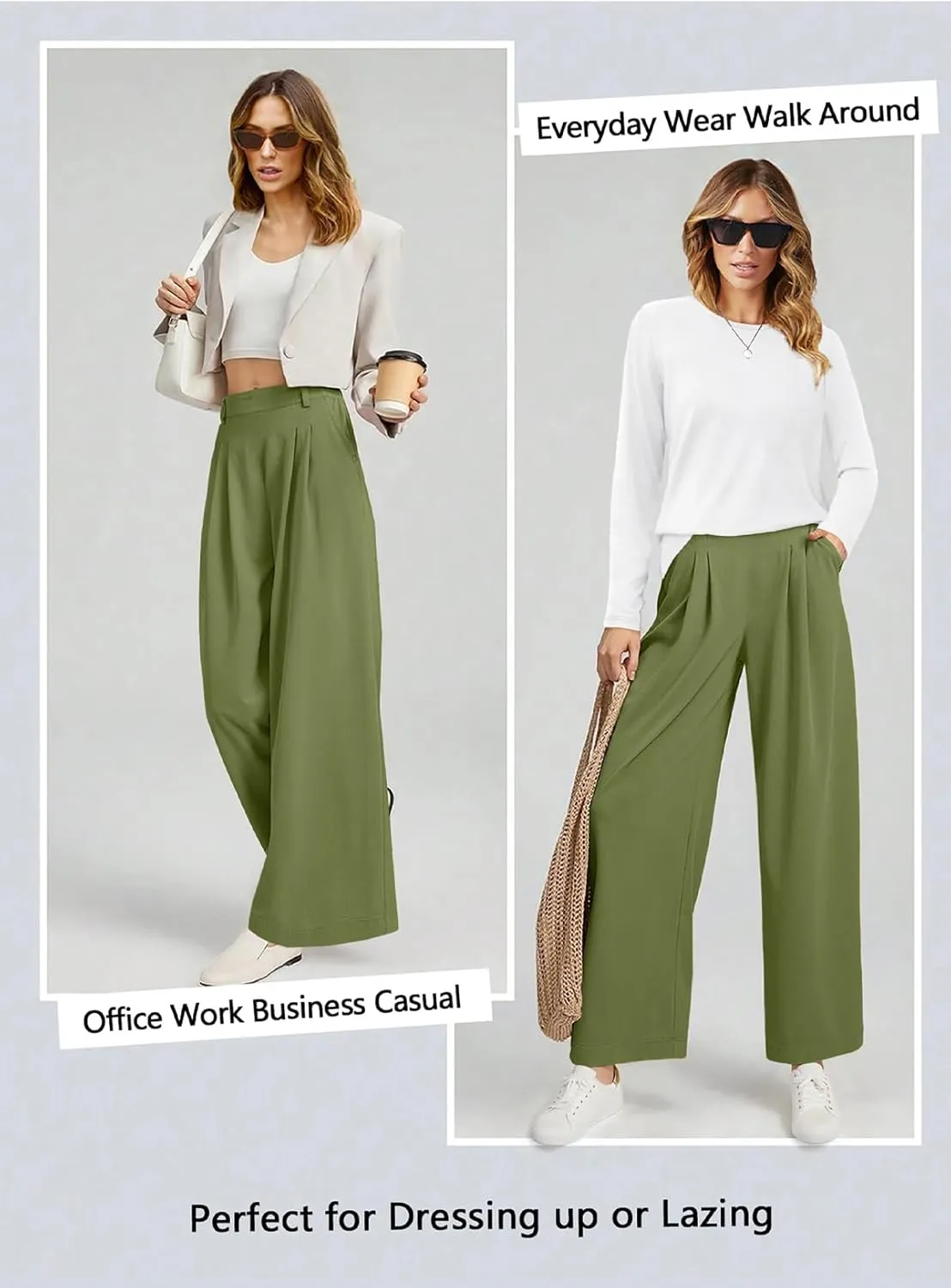 EVALESS Wide Leg Pants for Women Elastic High Waisted Waffle Knit Fleece Palazzo Pants Trousers with Pockets