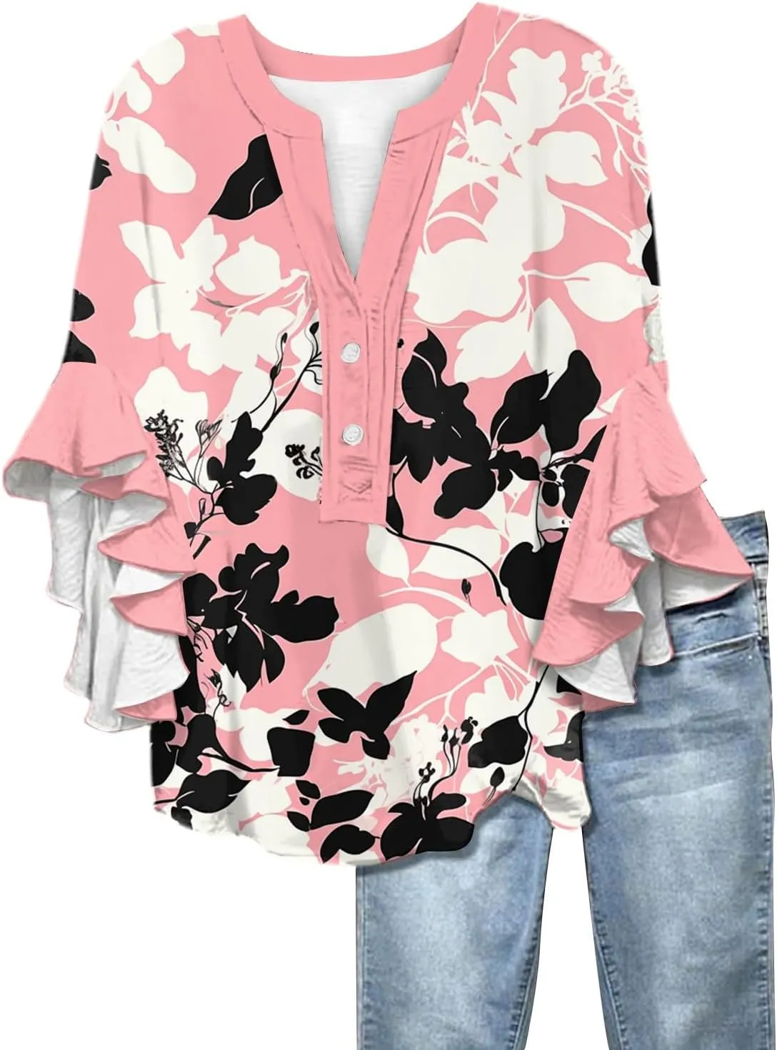 Floral Tops for Women Trendy Summer Plus Size Dressy 3/4 Ruffle Sleeve Top Cute V Neck Linen Button Down Shirts