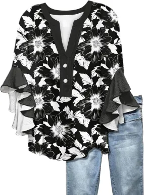 Floral Tops for Women Trendy Summer Plus Size Dressy 3/4 Ruffle Sleeve Top Cute V Neck Linen Button Down Shirts