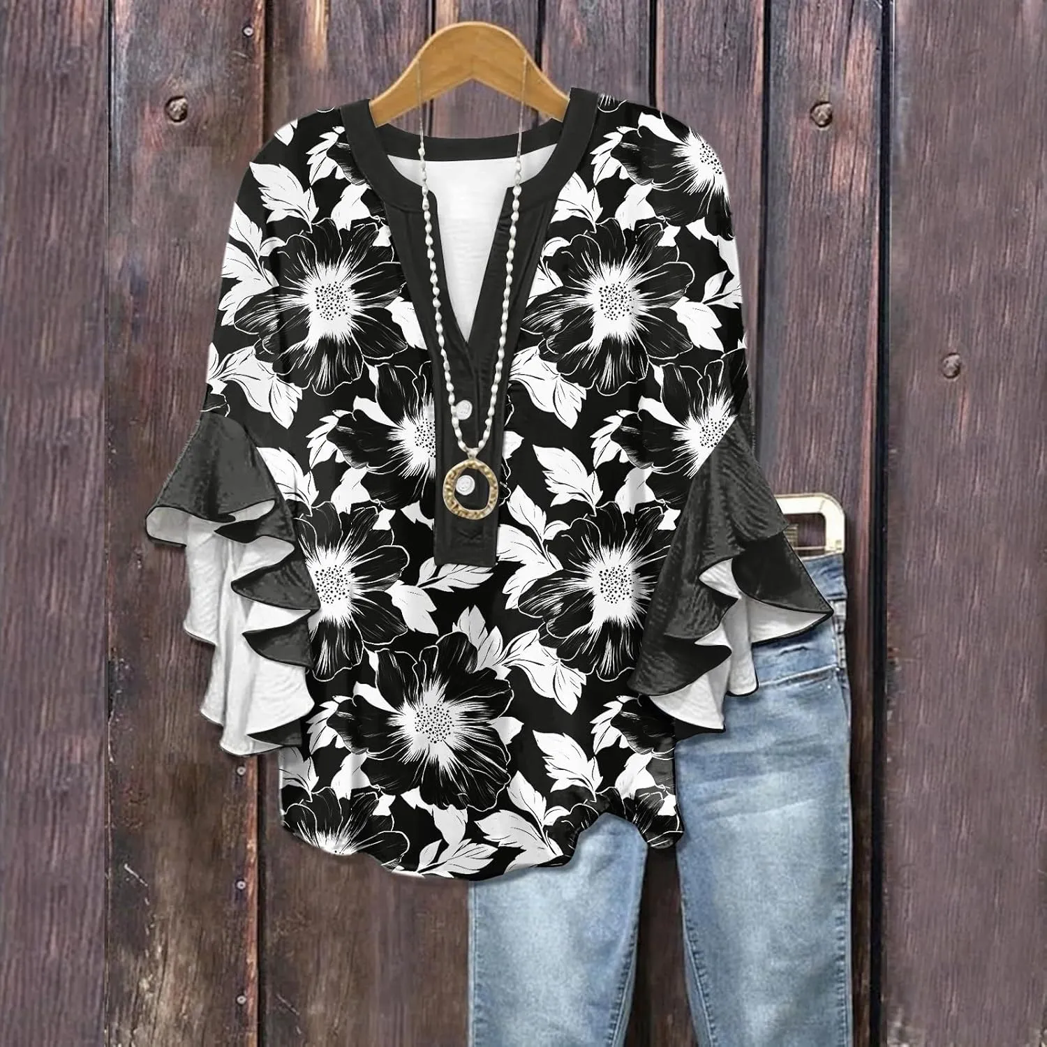 Floral Tops for Women Trendy Summer Plus Size Dressy 3/4 Ruffle Sleeve Top Cute V Neck Linen Button Down Shirts