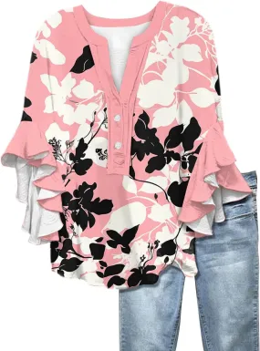 Floral Tops for Women Trendy Summer Plus Size Dressy 3/4 Ruffle Sleeve Top Cute V Neck Linen Button Down Shirts