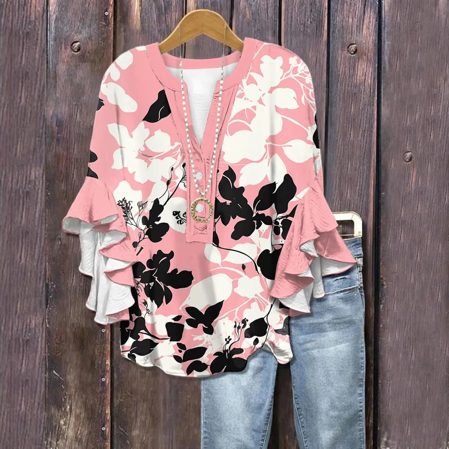 Floral Tops for Women Trendy Summer Plus Size Dressy 3/4 Ruffle Sleeve Top Cute V Neck Linen Button Down Shirts