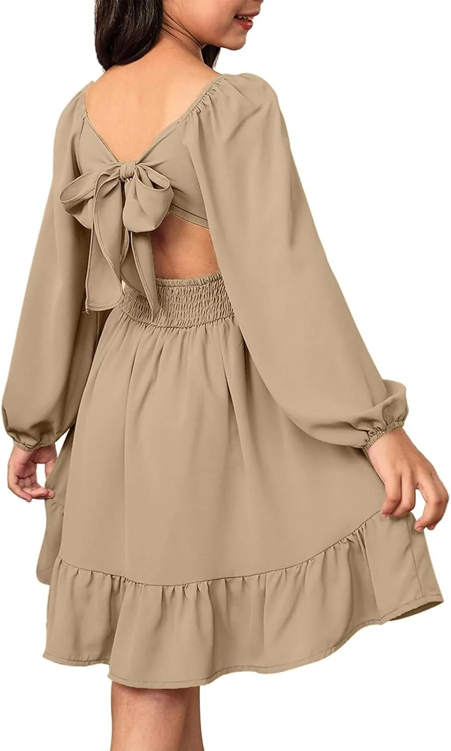Girls Long Sleeve Tie Back Dresses Teenage Spring and Fall Strapless Fashion Elegant Dresses 4-15 Years