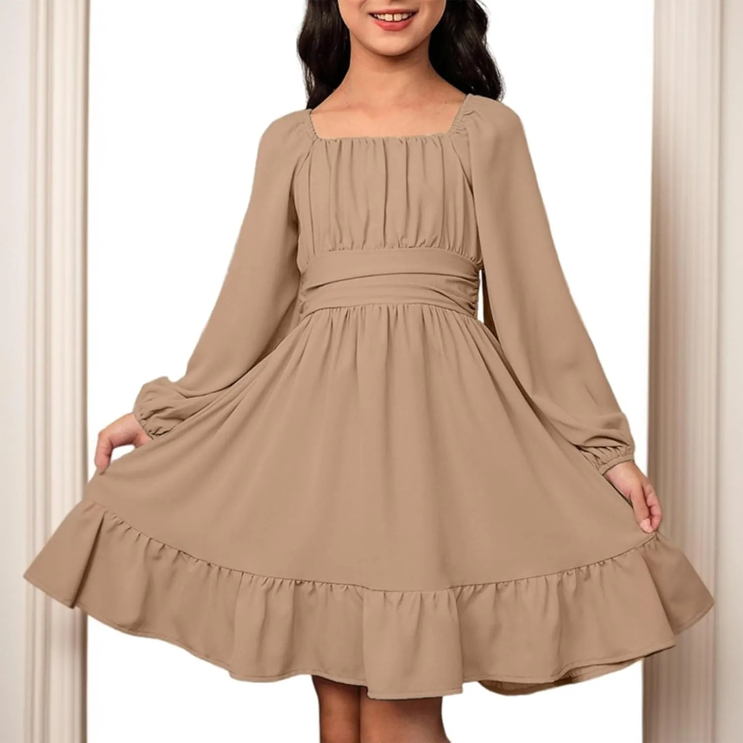Girls Long Sleeve Tie Back Dresses Teenage Spring and Fall Strapless Fashion Elegant Dresses 4-15 Years