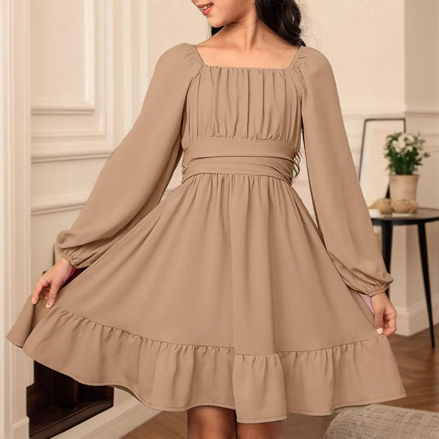 Girls Long Sleeve Tie Back Dresses Teenage Spring and Fall Strapless Fashion Elegant Dresses 4-15 Years