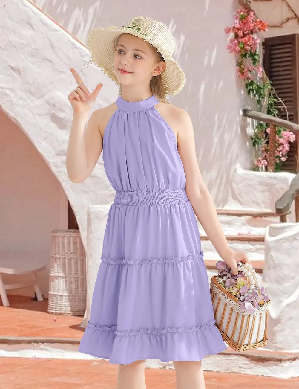 Girls'Dresses Summer Halter Neck Off Shoulder Solid Waist Smocked A-Line Midi Dress 6-14 Years