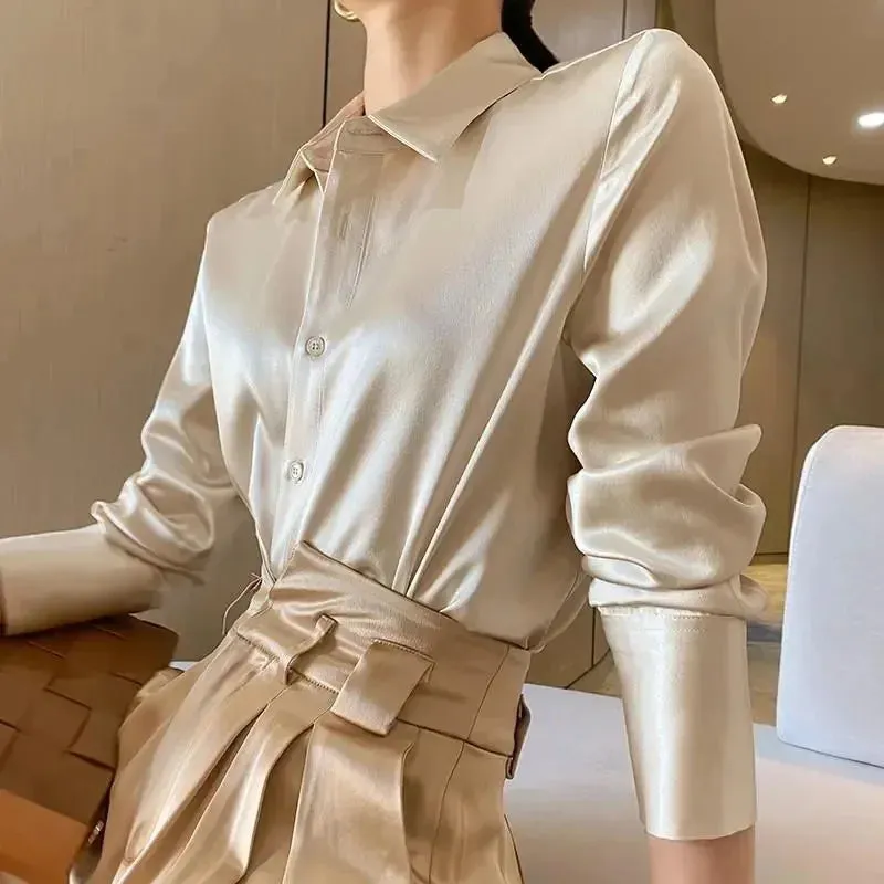 Hnzxzm 2024 Summer Trend Fashion Women's Casual Elegant Satin Long Sleeved Shirt Office Women's Shirts And Blouses Slim Femal Clothes