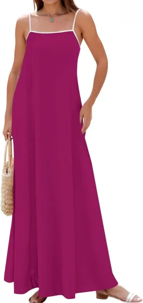 Maxi Dresses for Women 2025 Sleeveless Adjustable Spaghetti Straps Long Dress Summer Loose Flowy Boho Beach Sundress