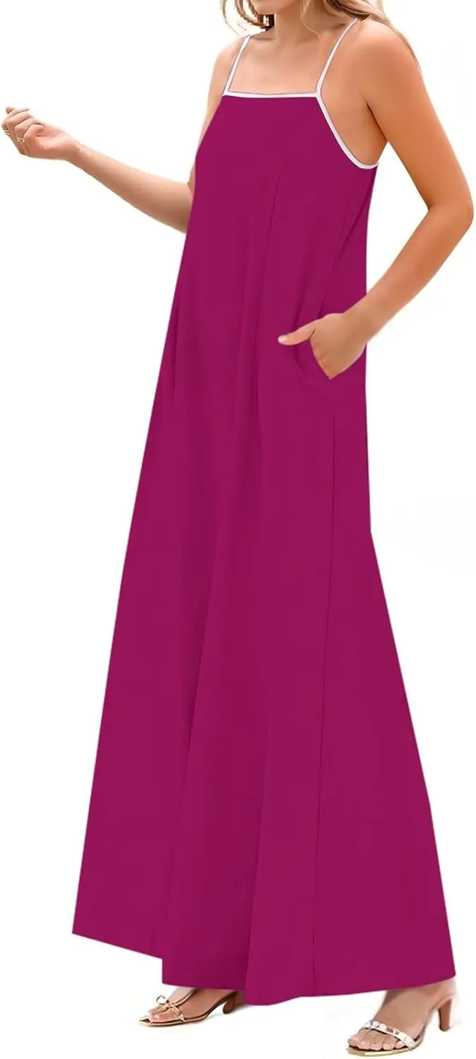 Maxi Dresses for Women 2025 Sleeveless Adjustable Spaghetti Straps Long Dress Summer Loose Flowy Boho Beach Sundress