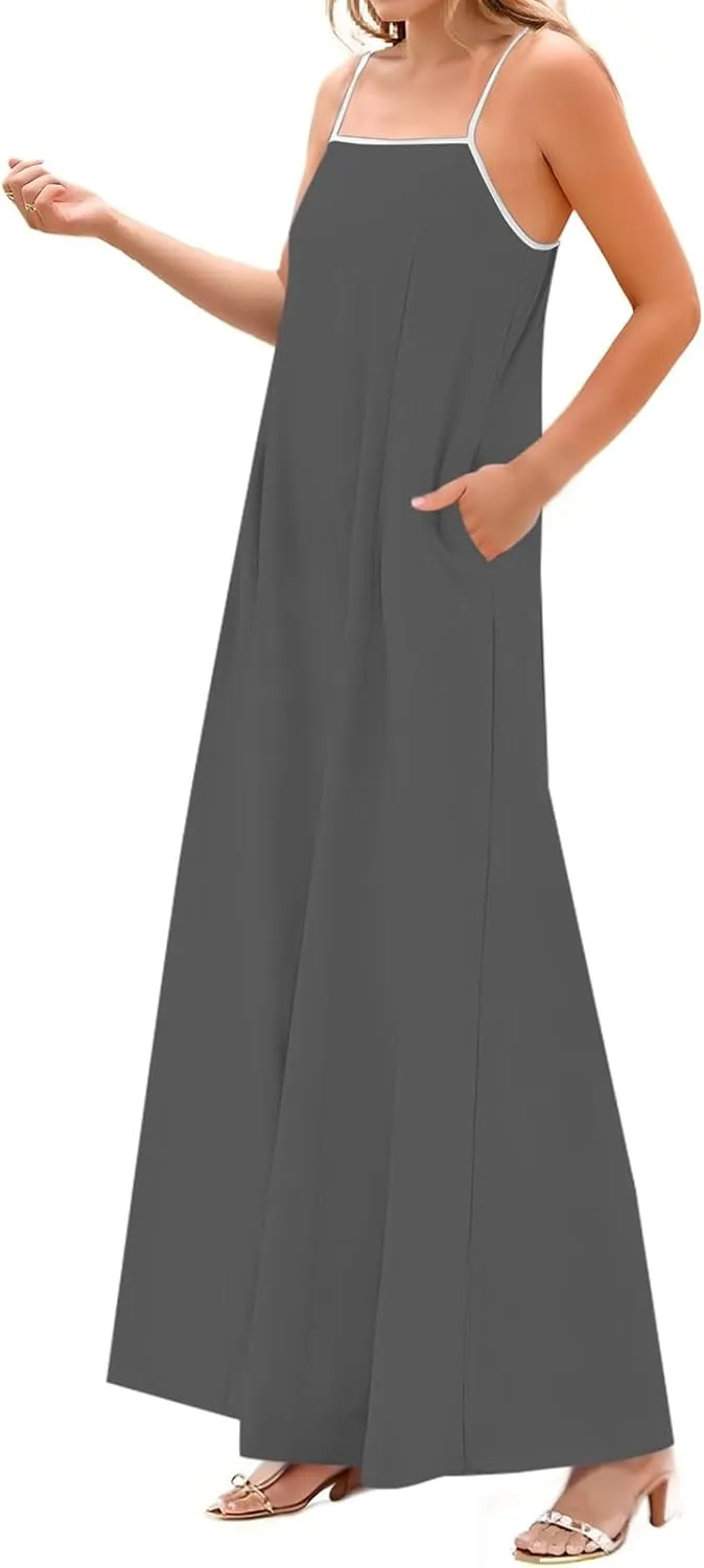 Maxi Dresses for Women 2025 Sleeveless Adjustable Spaghetti Straps Long Dress Summer Loose Flowy Boho Beach Sundress