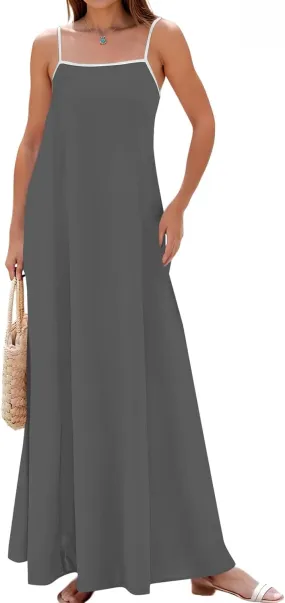 Maxi Dresses for Women 2025 Sleeveless Adjustable Spaghetti Straps Long Dress Summer Loose Flowy Boho Beach Sundress