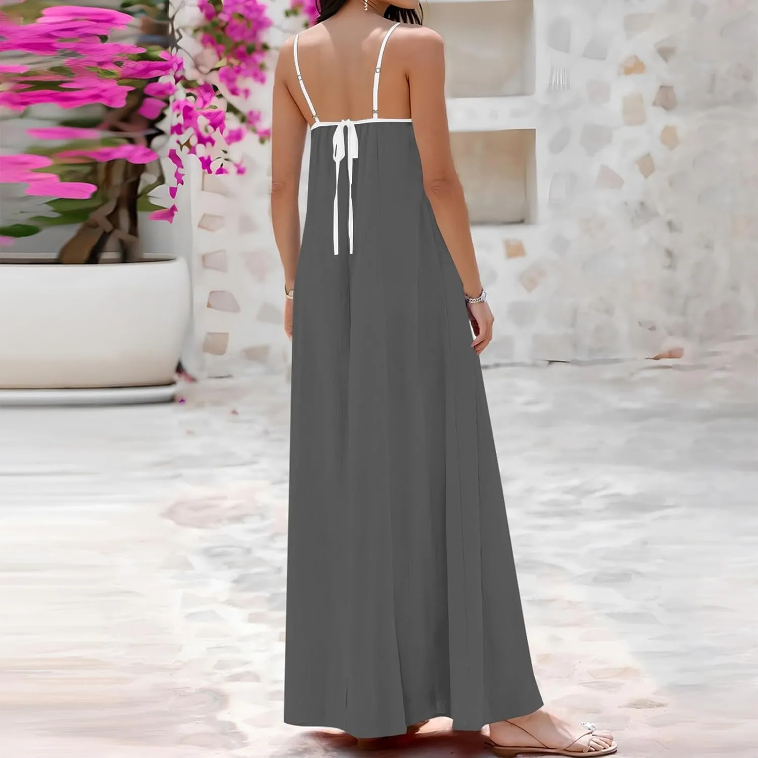 Maxi Dresses for Women 2025 Sleeveless Adjustable Spaghetti Straps Long Dress Summer Loose Flowy Boho Beach Sundress