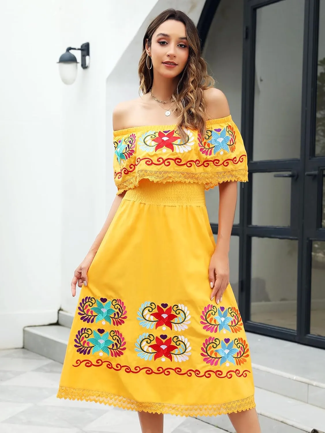 Mexican Dress for Women Embroidered Traditional Floral Fiesta Off The Shoulder Dresses Diverse Embroidered Patterns