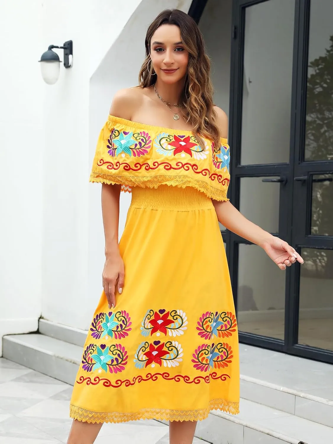 Mexican Dress for Women Embroidered Traditional Floral Fiesta Off The Shoulder Dresses Diverse Embroidered Patterns