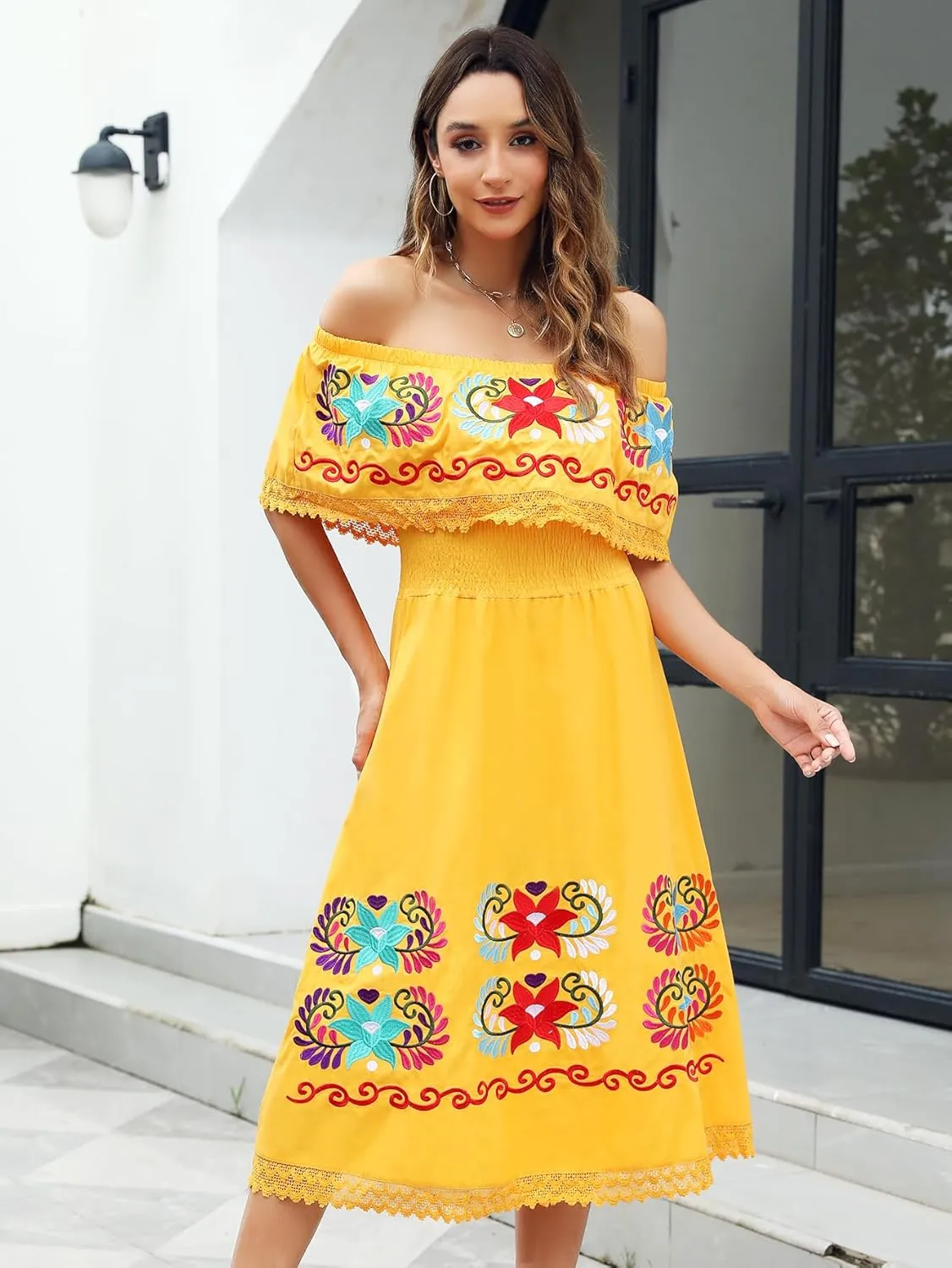 Mexican Dress for Women Embroidered Traditional Floral Fiesta Off The Shoulder Dresses Diverse Embroidered Patterns