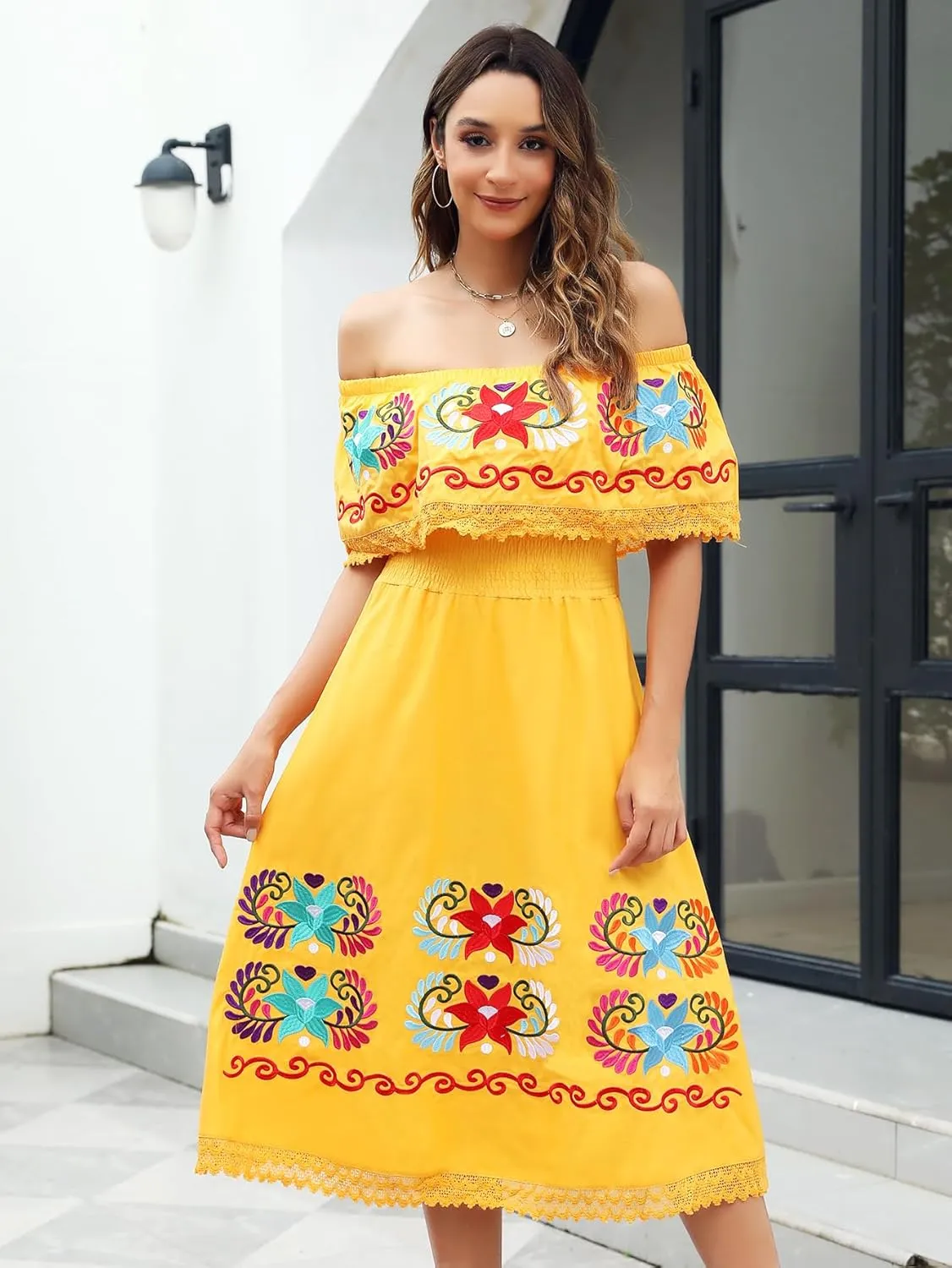 Mexican Dress for Women Embroidered Traditional Floral Fiesta Off The Shoulder Dresses Diverse Embroidered Patterns