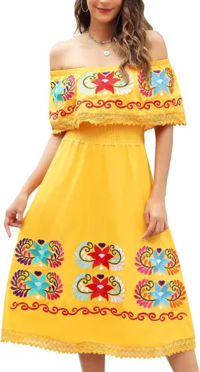 Mexican Dress for Women Embroidered Traditional Floral Fiesta Off The Shoulder Dresses Diverse Embroidered Patterns