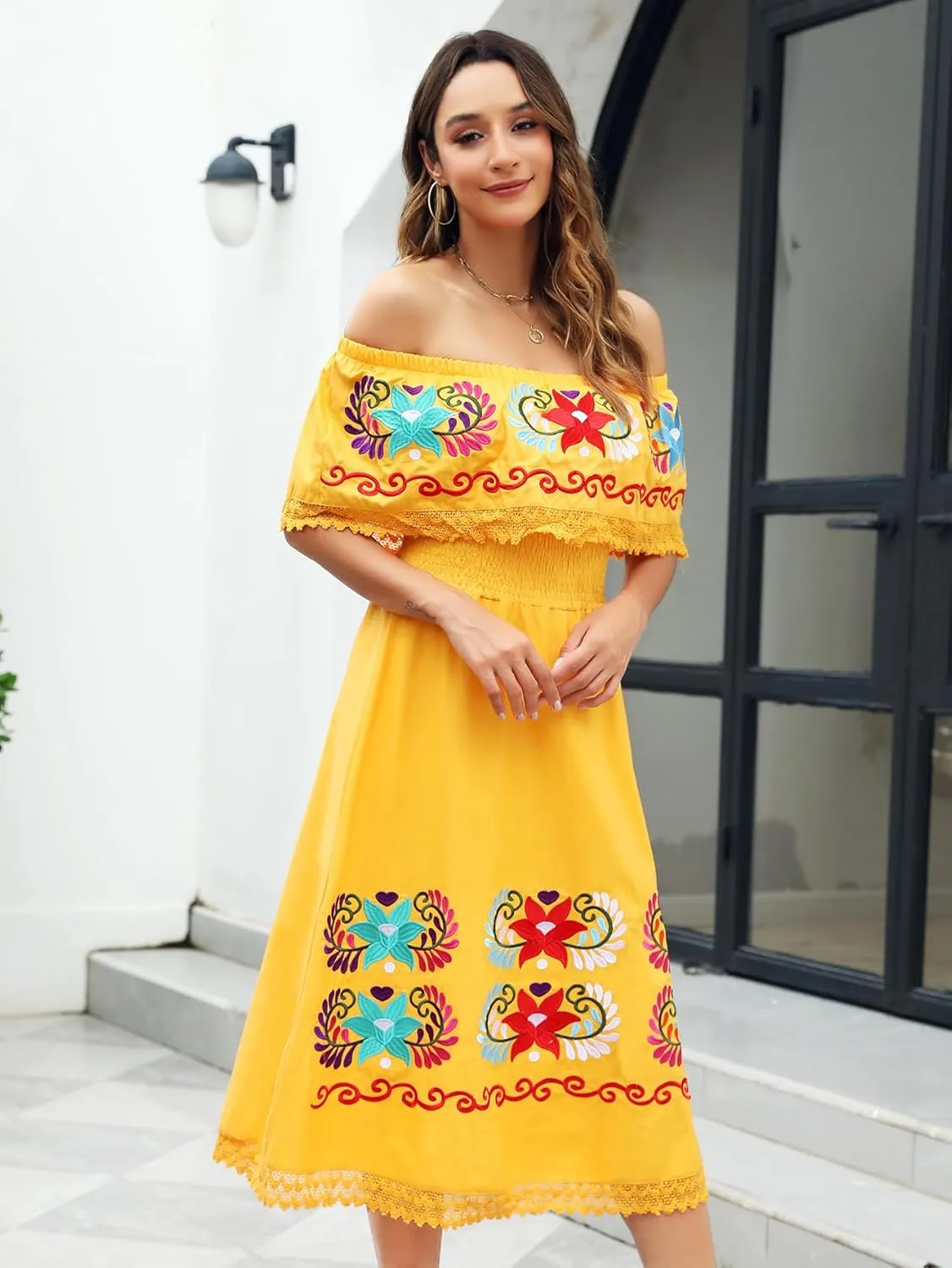 Mexican Dress for Women Embroidered Traditional Floral Fiesta Off The Shoulder Dresses Diverse Embroidered Patterns
