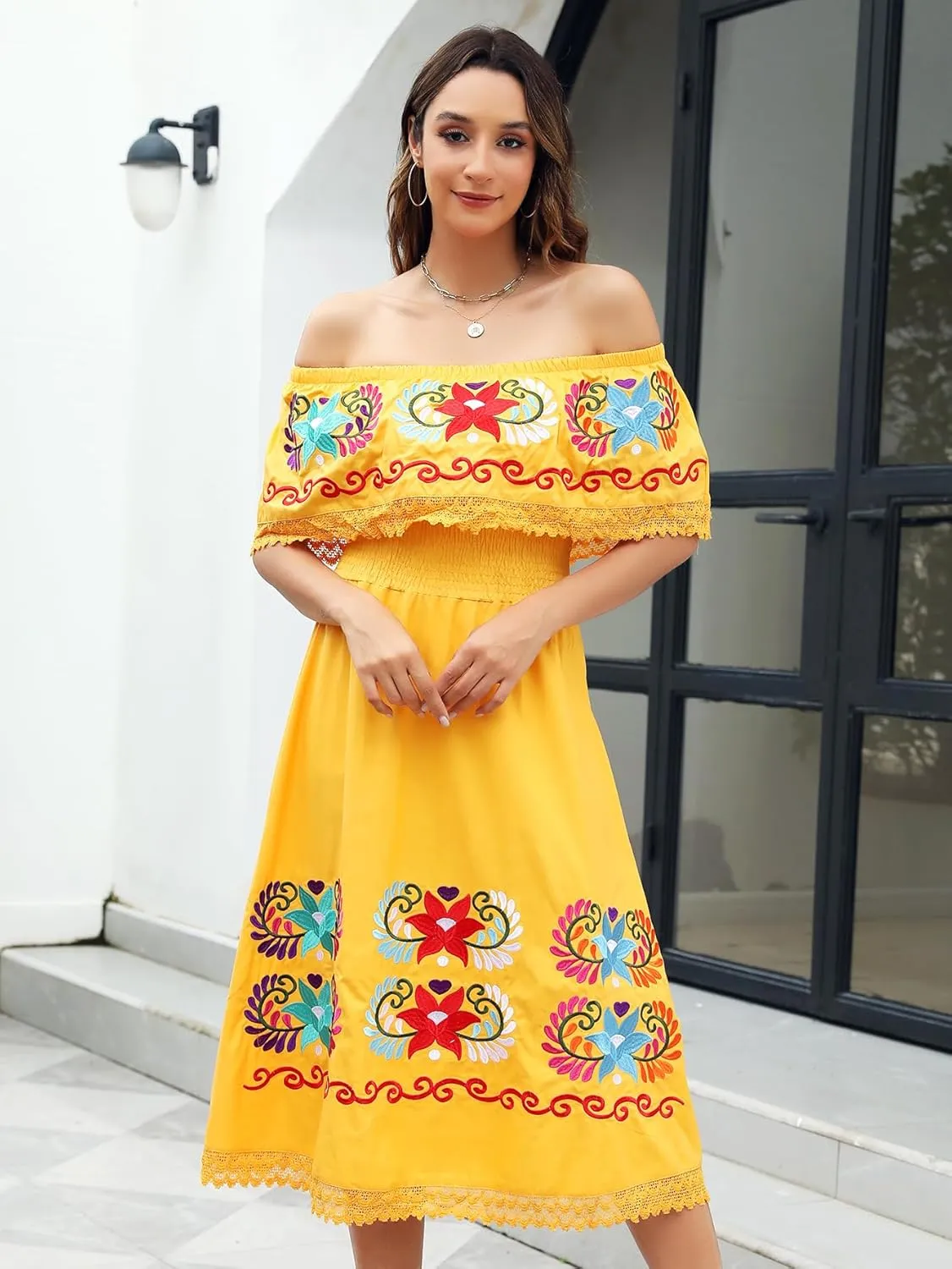 Mexican Dress for Women Embroidered Traditional Floral Fiesta Off The Shoulder Dresses Diverse Embroidered Patterns