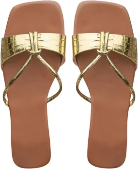 OYOANGLE Women's Metallic Open Square Toe Flat Sandals Slip On PU Leather Dressy Slides Sandal