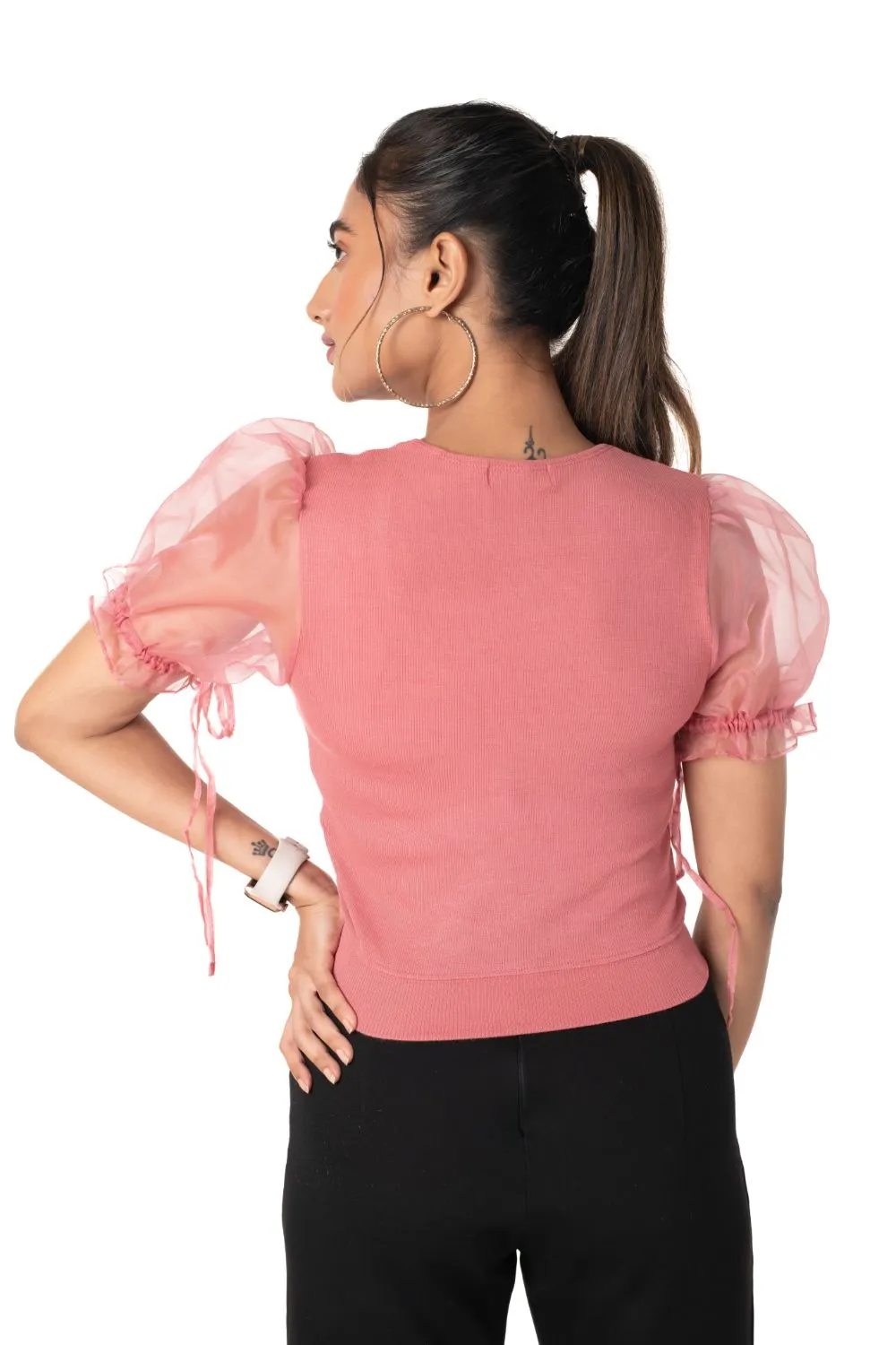 Round neck Blouses with Puffy Organza Sleeves- Plus Size