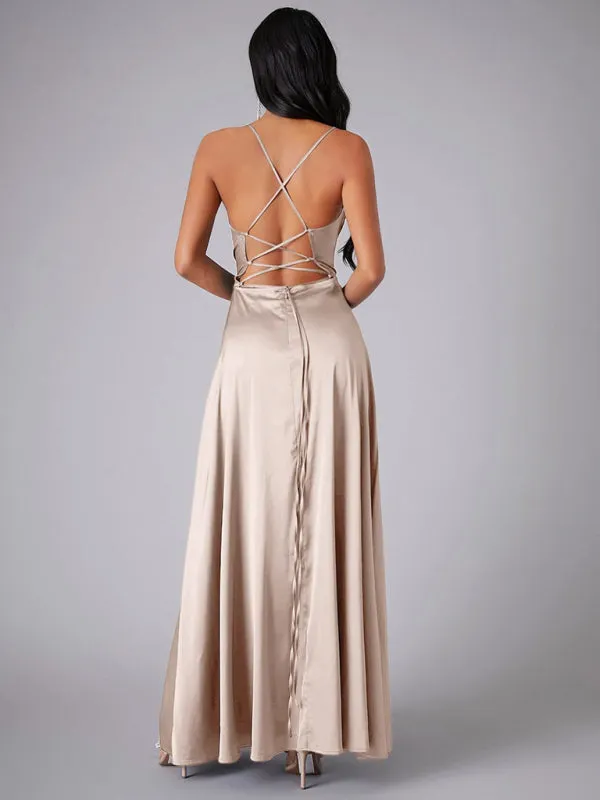 Trendy Satin Backless Evening Dress with Slit