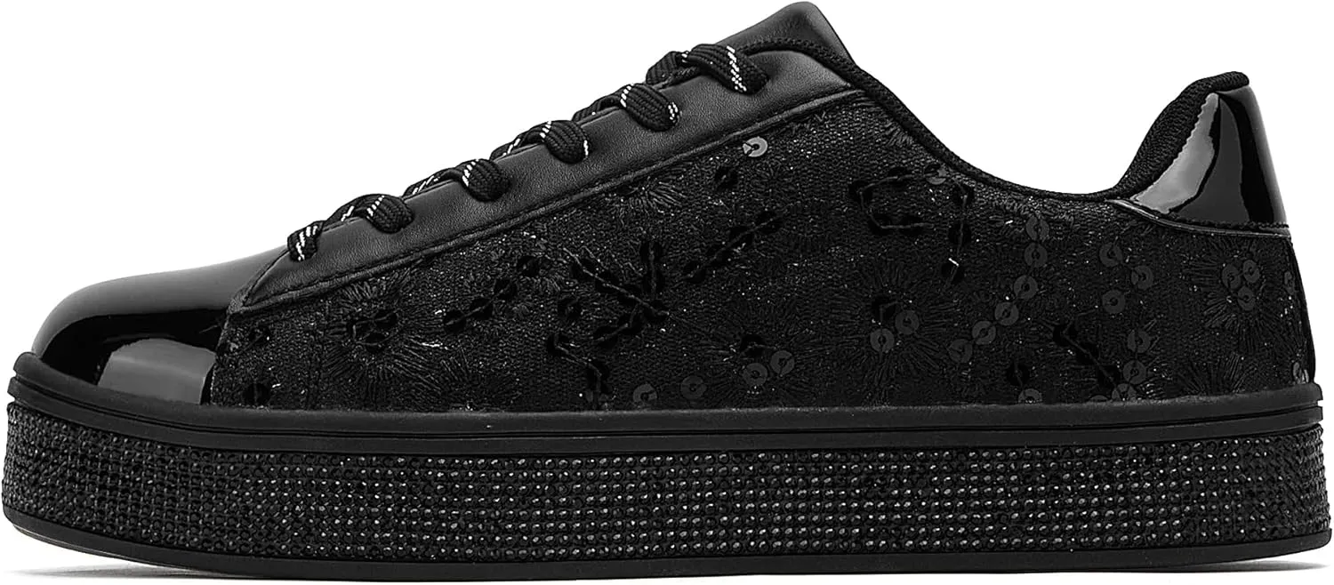 UUBARIS Women's Glitter Tennis Sneakers Floral Dressy Sparkly Sneakers Rhinestone Bling Wedding Bridal Shoes Shiny Sequin Shoes
