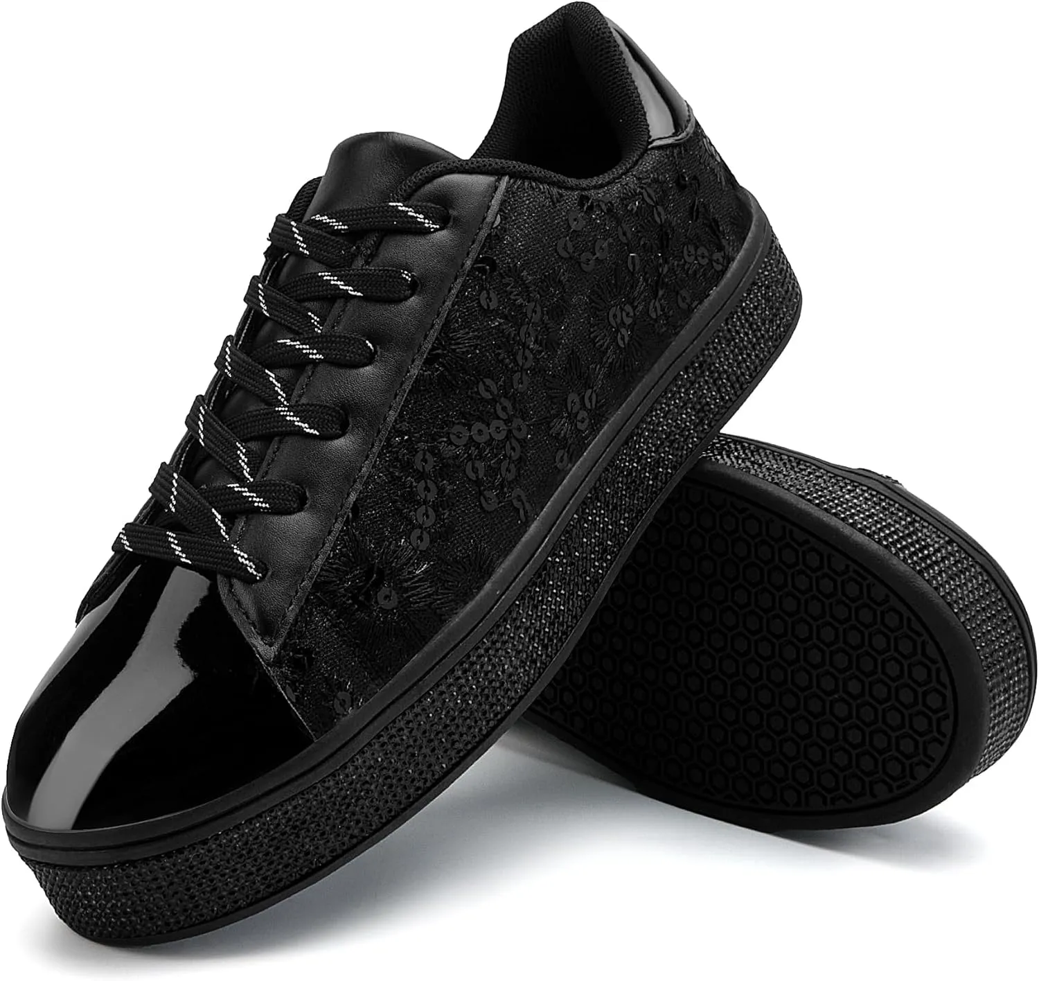 UUBARIS Women's Glitter Tennis Sneakers Floral Dressy Sparkly Sneakers Rhinestone Bling Wedding Bridal Shoes Shiny Sequin Shoes