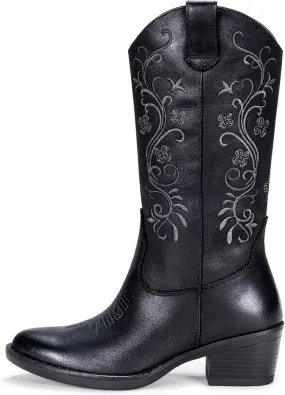 Vepose Women's Cowboy Boots, Embroidered Western Mid-Calf 9802 Cowgirl Boots, Pointed Toe Pull on Boots with Chunky Heel
