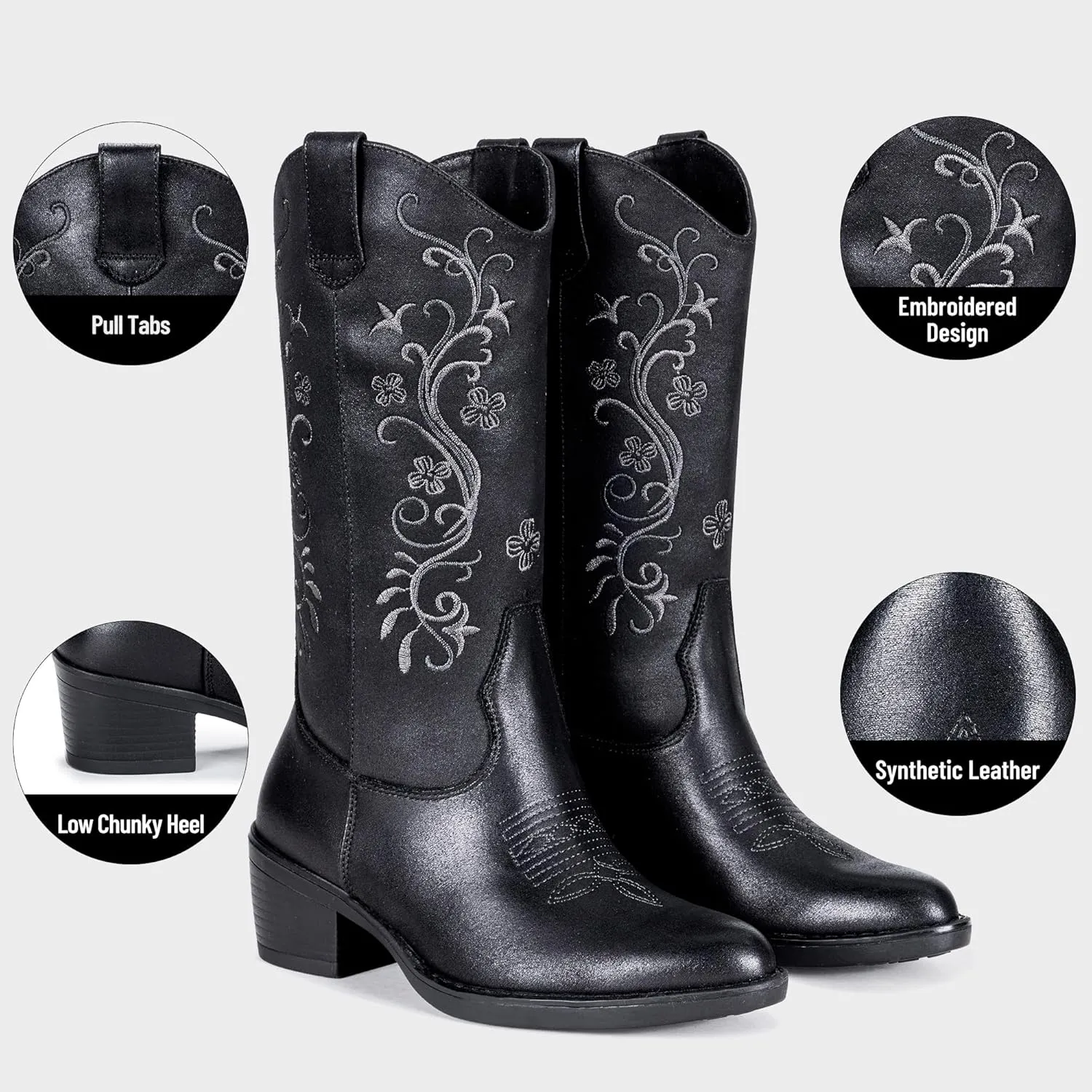Vepose Women's Cowboy Boots, Embroidered Western Mid-Calf 9802 Cowgirl Boots, Pointed Toe Pull on Boots with Chunky Heel